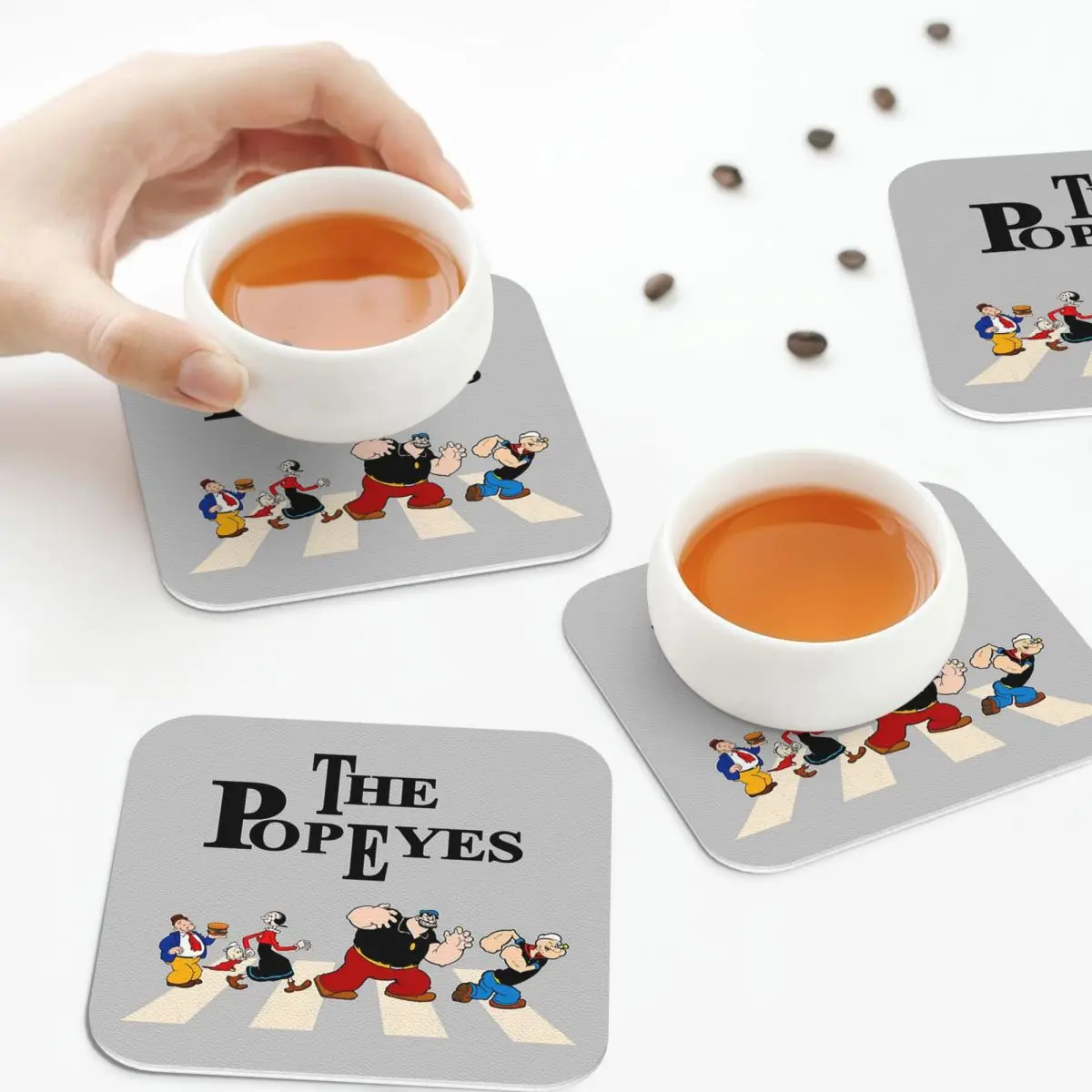 

Семейные подставки Abbey Road Popeye, кожаные салфетки, изоляционные кофейные коврики для дома, кухни, обеденные подушечки, набор из 4 шт.