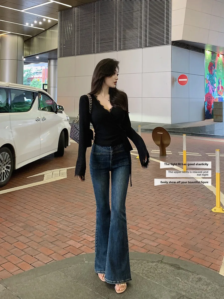 

Bla Lace V-ne Tie Long Sve T-irt Women's Autumn Winter Slim Fit Inner Wear Base Irt Lin Guan Guan Commute Sle