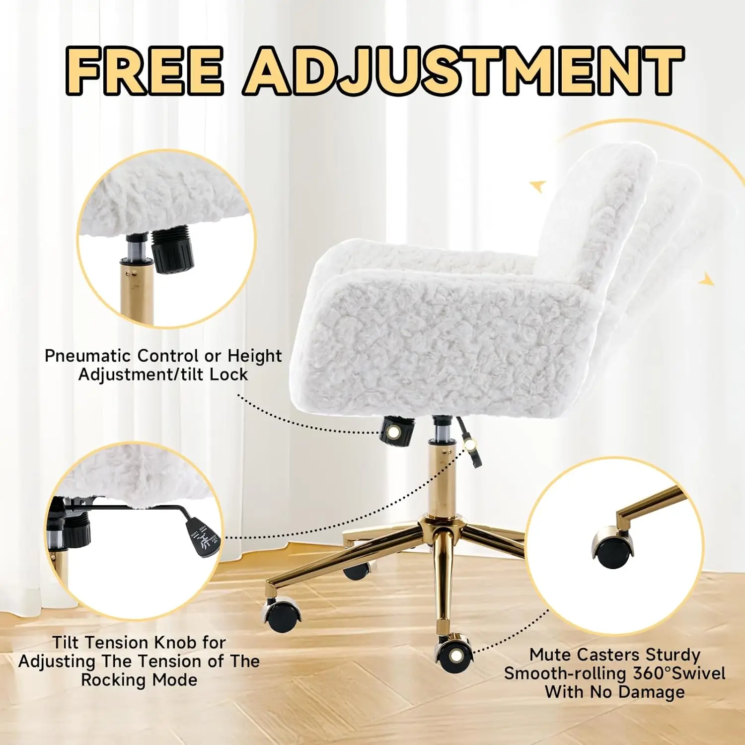 HMFULE Artificial Rabbit Hair Home Office Chair with Golden Metal Base Adjustable Desk Chair with Wheels Computer Vanity Chair f