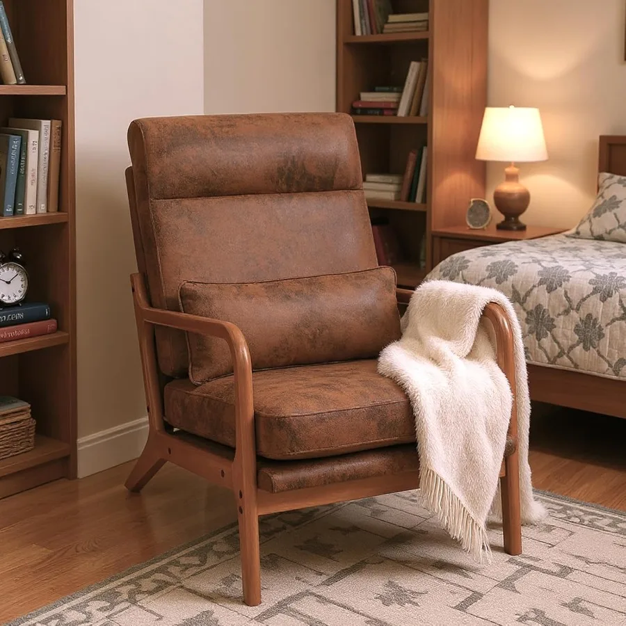 Lounge Accent Chair Mid Century Modern Chair High Back Chair Wood Frame Armchair Comfy Reading Chair for Living Room Office Bed