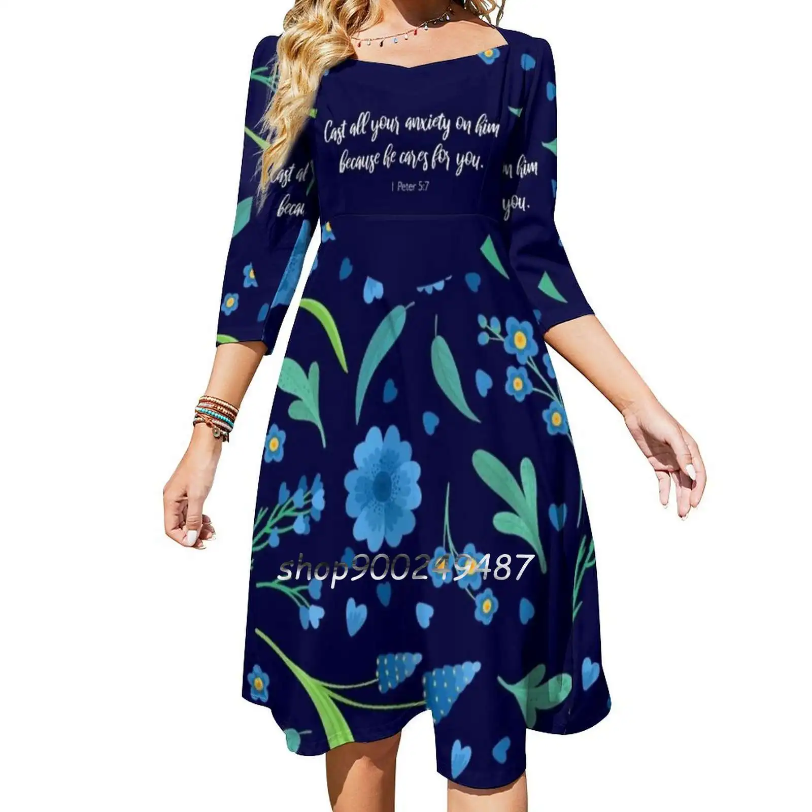 Cast All Your Anxiety On Him Because He Cares For You , 1 Flare Dress Square Neck Dress Elegant Female Fashion Printed Dress 1