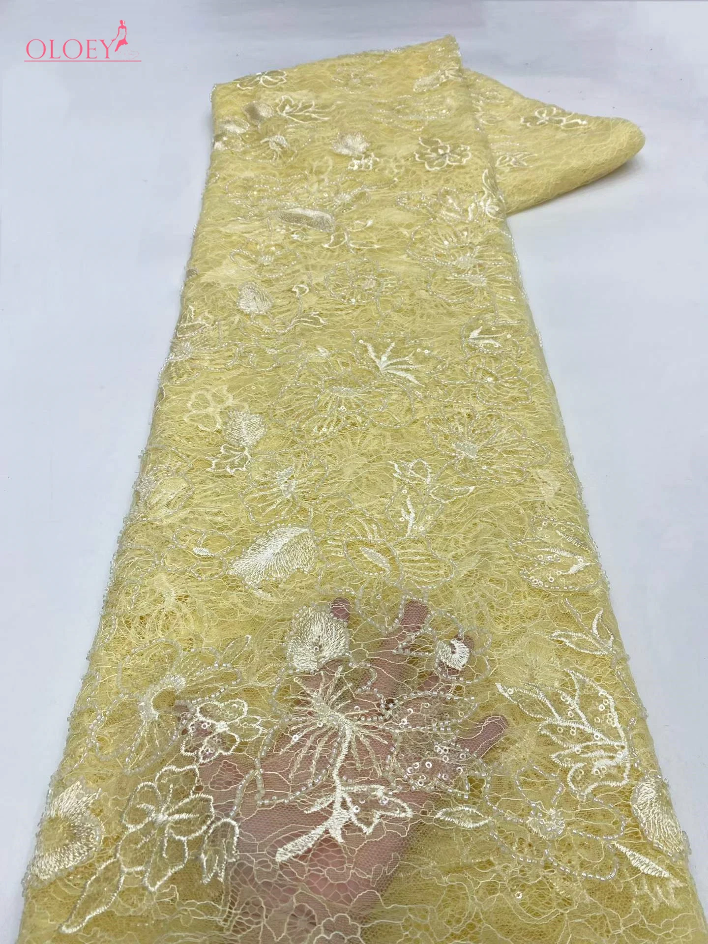 

OLOEY African Sequin Tulle Embroidered Lace Fabric 2026 French Beaded Lace Fabric Nigerian Bridal Wedding Dress Material