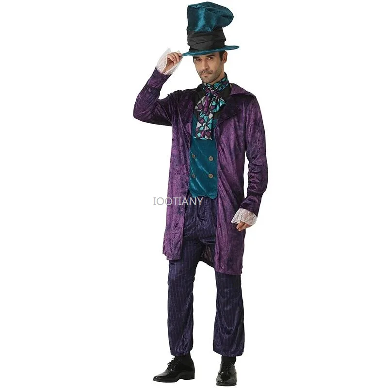 Crstyea Carnival Cosplay Costume For Adult Men Alice In Wonderland Authentic Mad Hatter Clothes Set Purim Halloween Cosplay Suit