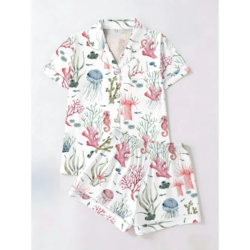 Conjunto de pijama para mujer con estampado de flamencos rosas y coral, camisa de manga corta con botones y pantalones cortos, ropa de dormir suave, conjunto de ropa para estar en casa.