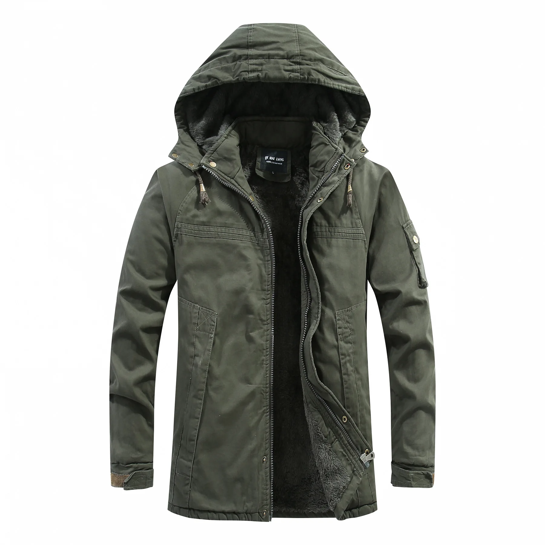 Men's thickened cotton-padded jacket with fleece, men's coat, winter hooded men's cotton-padded jacket, mid-length jacket