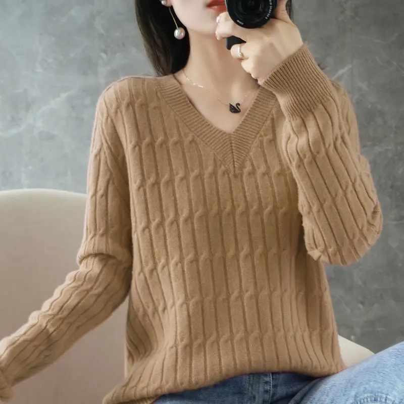 Tops de punto de Color liso para mujer, suéteres de manga larga que combinan con todo, cuello en V, moda de otoño e invierno, 2023