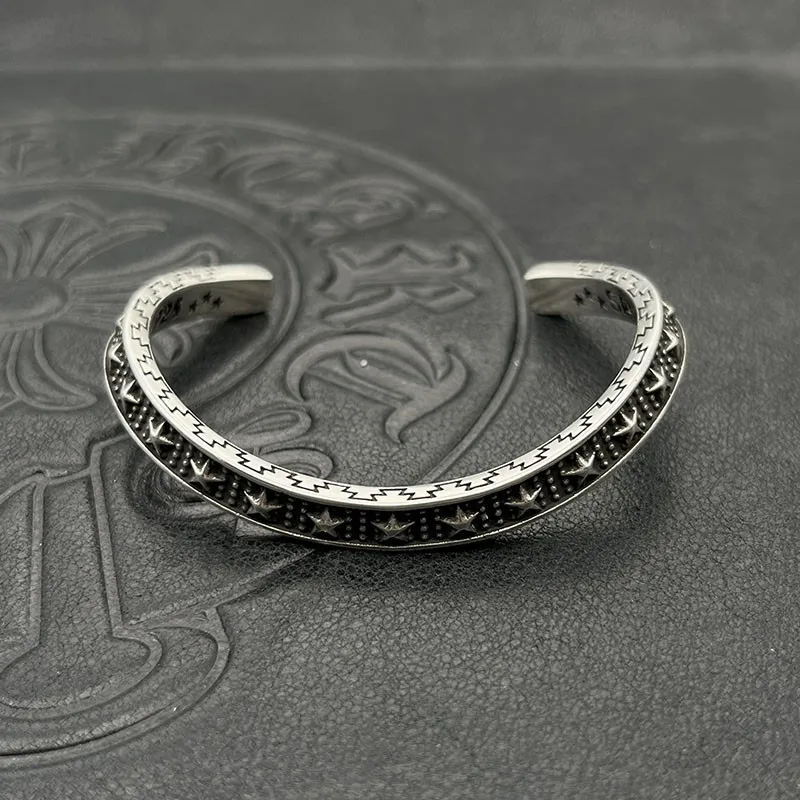 

S925 sterling silver trendy retro curved curved curved open star bracelet men's and women's jewelry heavy industry niche
