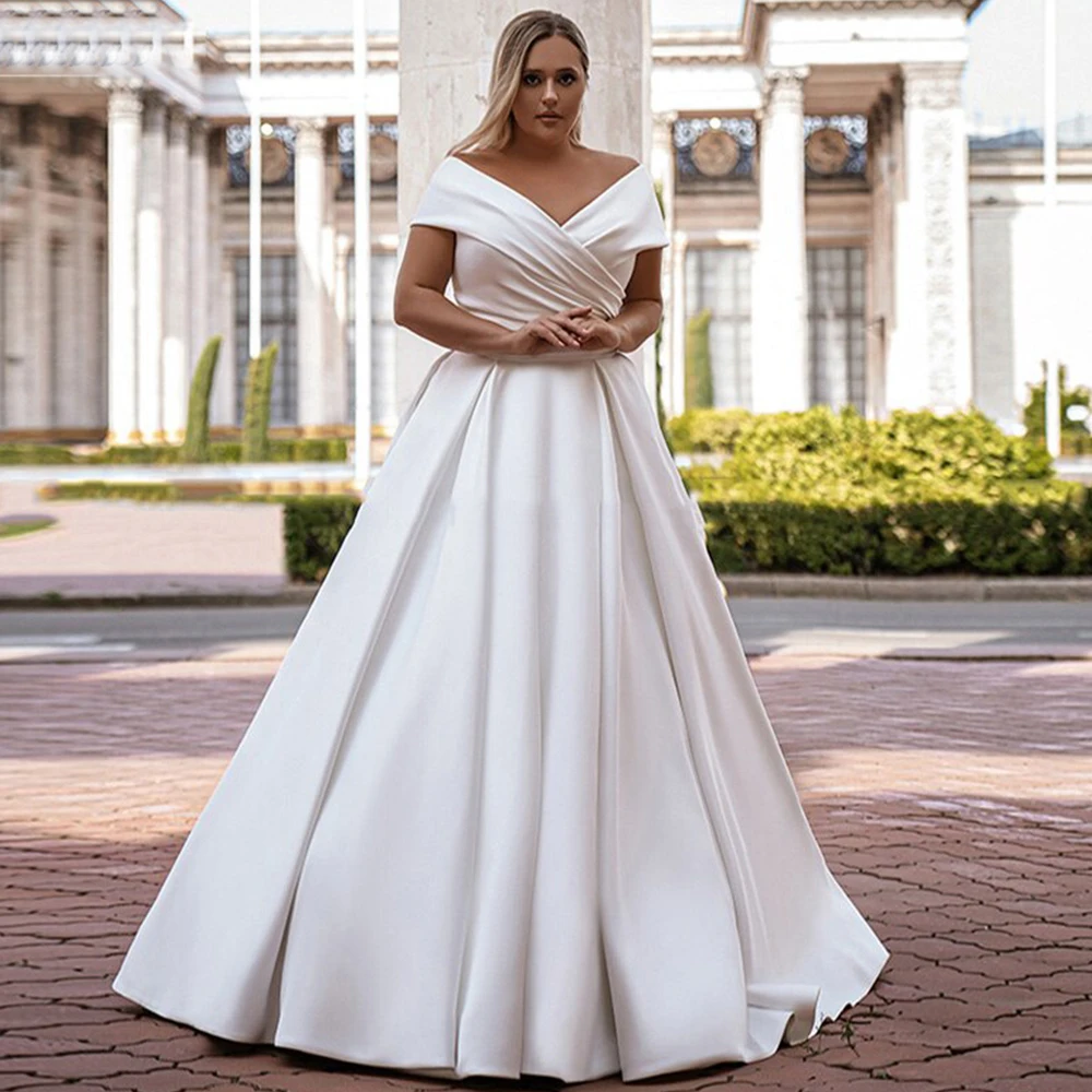 Robe De mariée en Satin Simple, col en v, épaules dénudées, manches courtes, grande taille, classique, ligne a, personnalisée