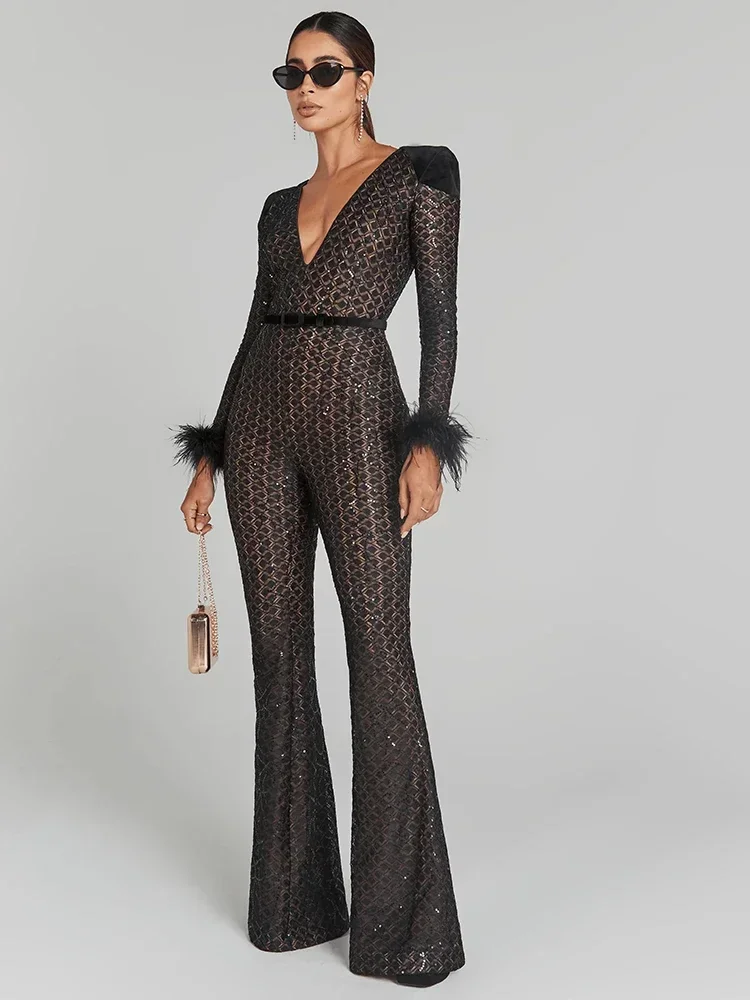 

GPBD 2024 Summer Black Flare Jumpsuit Sexy Deep V-Plunge Long Sleeves Feather Luxury Sequins Celebrity Party Jumpsuit