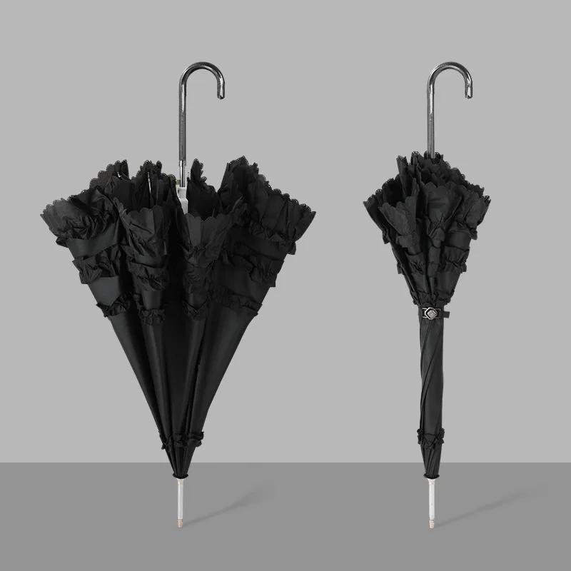 Lace Umbrella with Long Handle Semi-automatic Wedding Umbrellas Cute Princess Parasol, Gothic Lolita Marriage Large Umbrella