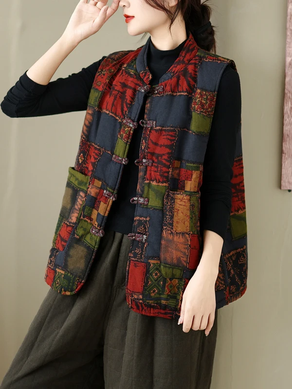 Thickened Cotton Linen Women's Vest Traditional Chinese Print Button Design Warm Autumn Winter Fashion Retro Style Outerwear
