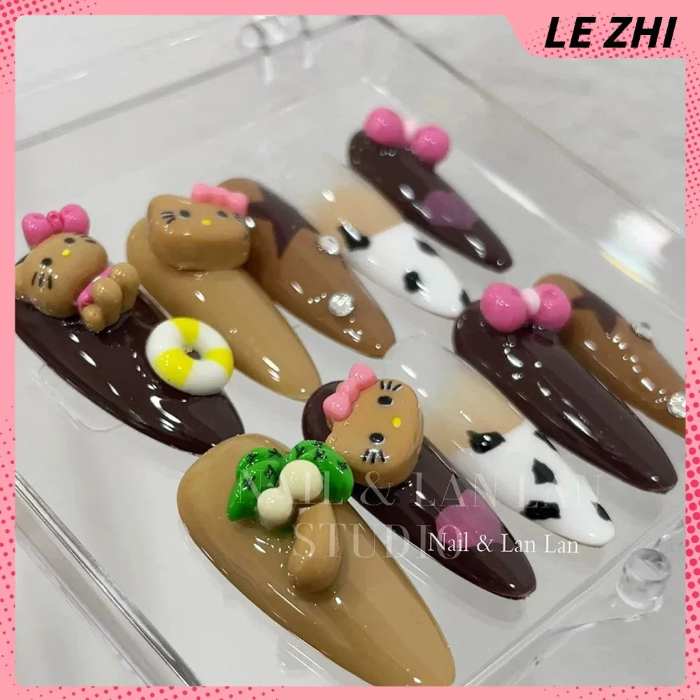 Hello Kitty Y2K Fake Nails with Diamond Long Almond False Nail Butterfly Design Wearable Oval Press On Nails Party Stickers