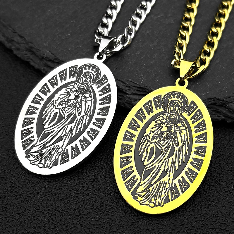 

Classic Virgin Mary Baby Jesus Pendant Necklace for Women Men Stainless Steel Gold Plated Catholic Mother Mary Chain Jewelry