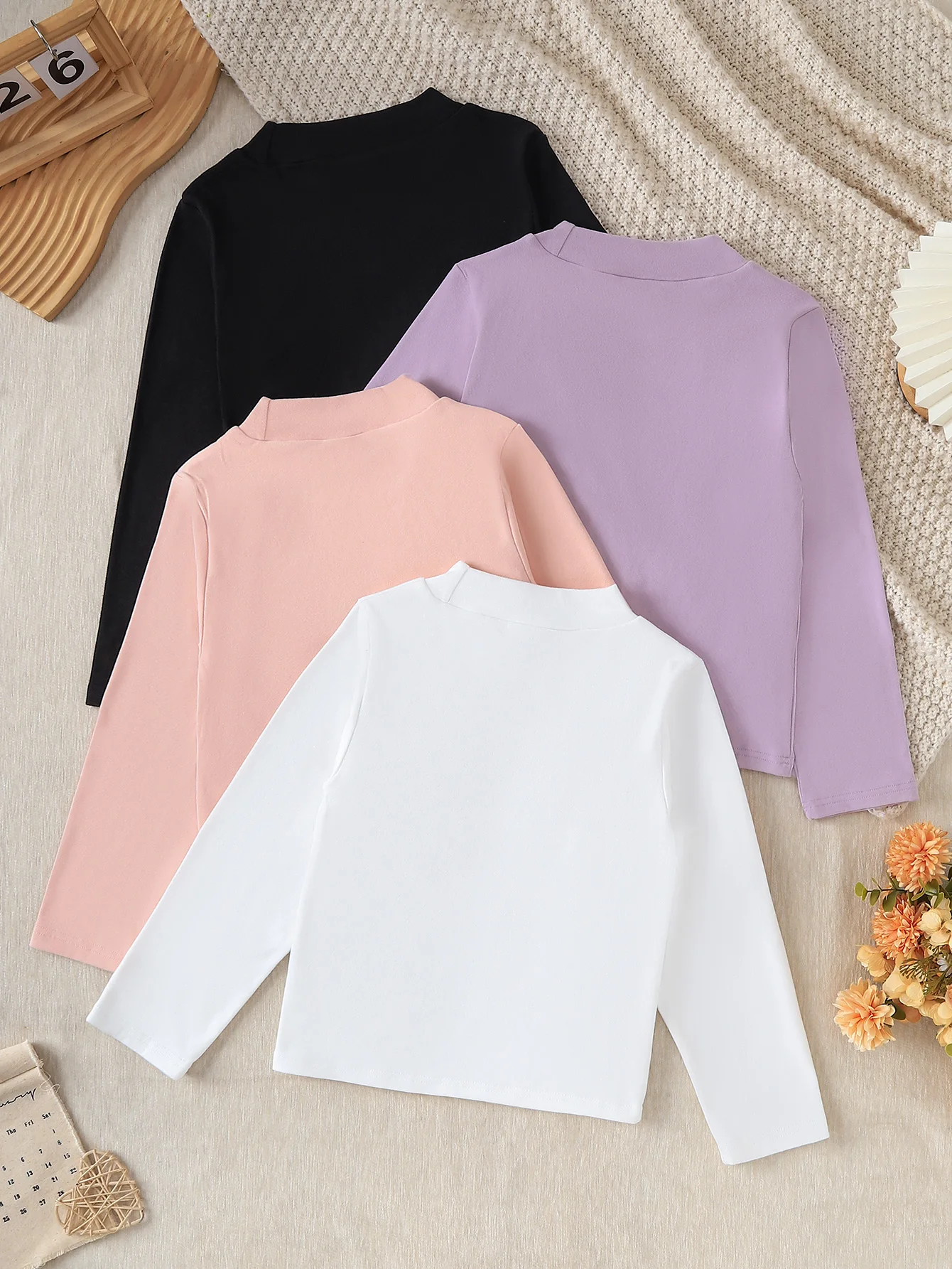 4Pcs Spring Autumn Kids Mock Neck Long Sleeve Shirts,Solid Color Slim Fit Thermal Base Layer Tops,Soft Stretchy Fleece Undershir