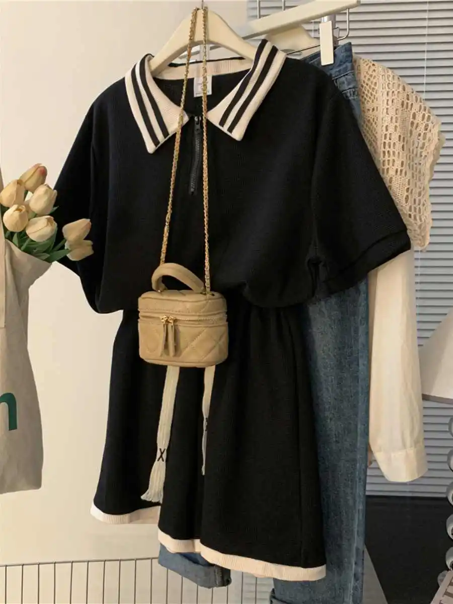 Casual Sport drehen-unten Kragen Zipper T-shirt Shorts Set Frauen Einfarbig Kurzarm Top Lose Shorts Anzug Sommer kleidung