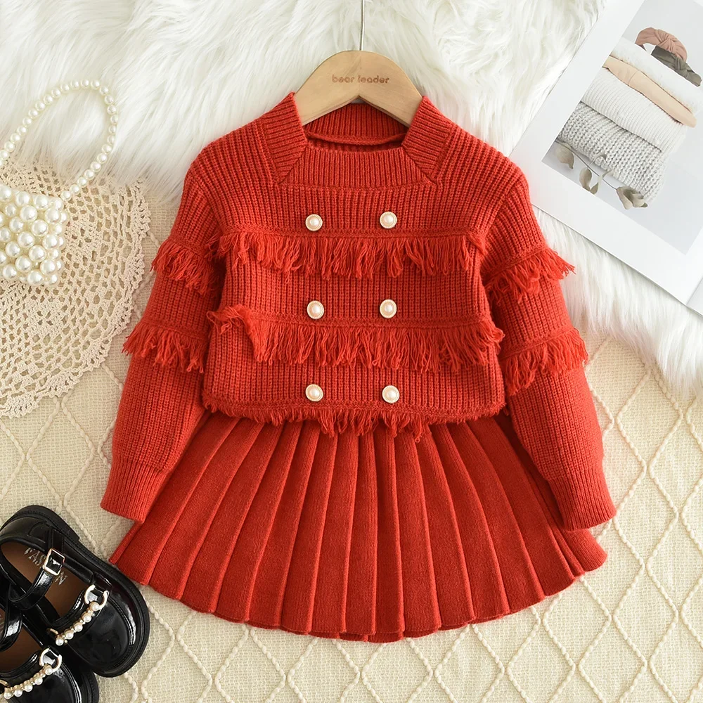 Autumn/Winter Plain Children's Clothing Long Sleeved Square Collar Button Sweater+Skirt Red New Year's and Christmas Sweater Set