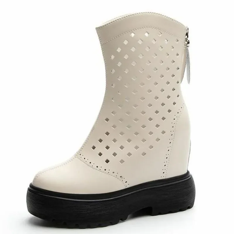 

11cm Platform Chunky Heels Genuine Leather Females Women Boots Mid Calf Boots Booties Summer Hollow Motorcycle Ankle Shoes