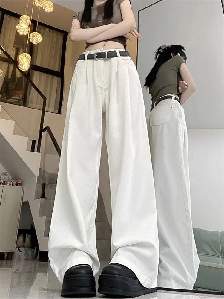 

American High Street Sle Women's White Jeans Soft Drapey Floor-Length Loose Slimming Wide Leg Long Trousers