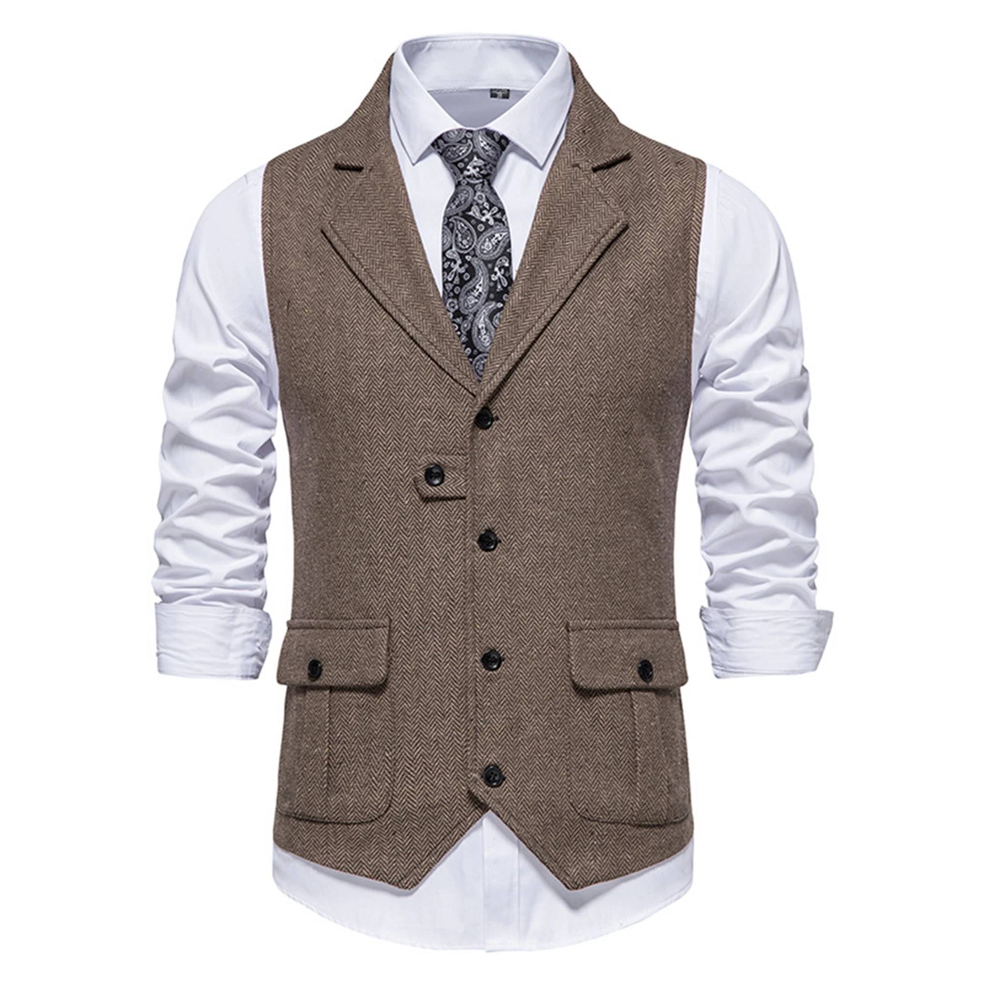 Fashion V-neck Double Breasted Herringbone Tweed Suit Vest  Mens Casual Striped Waistcoat Punk Groomman Wedding Grey Brwon Green