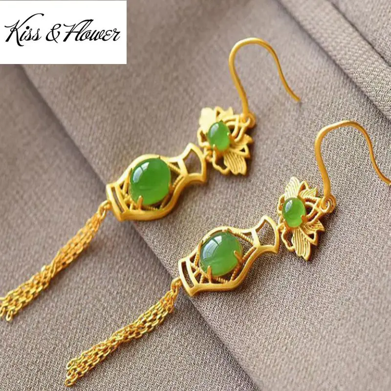 

KISS&FLOWER ER106 Fine Jewelry Wholesale Fashion Woman Girl Bride Birthday Wedding Gift Vase Tassel 24KT Gold Drop Earrings