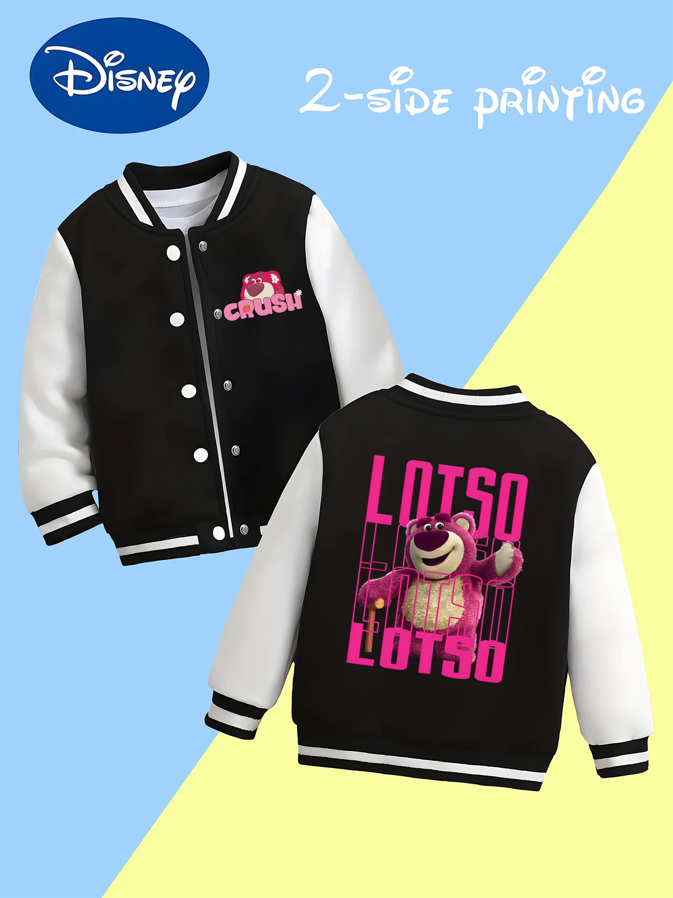 

MINISO Disney Boys' Baseball Jacket - Strawberry Bear "LOTSO" Style, Double-sided Strawberry Bear Graphic, Perfect for School