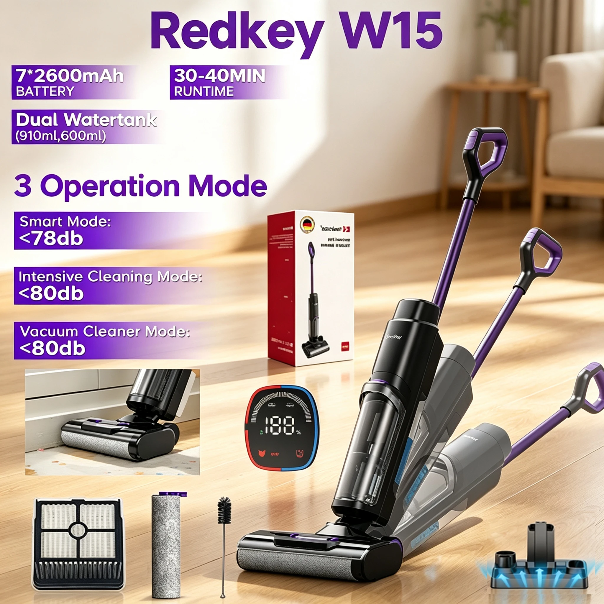 Aspirateur tout-en-un Redkey W15, batterie, sec et humide, aspiration 23000 Pa, nettoyeur de sols pour les pollutions tenaces sur les sols durs
