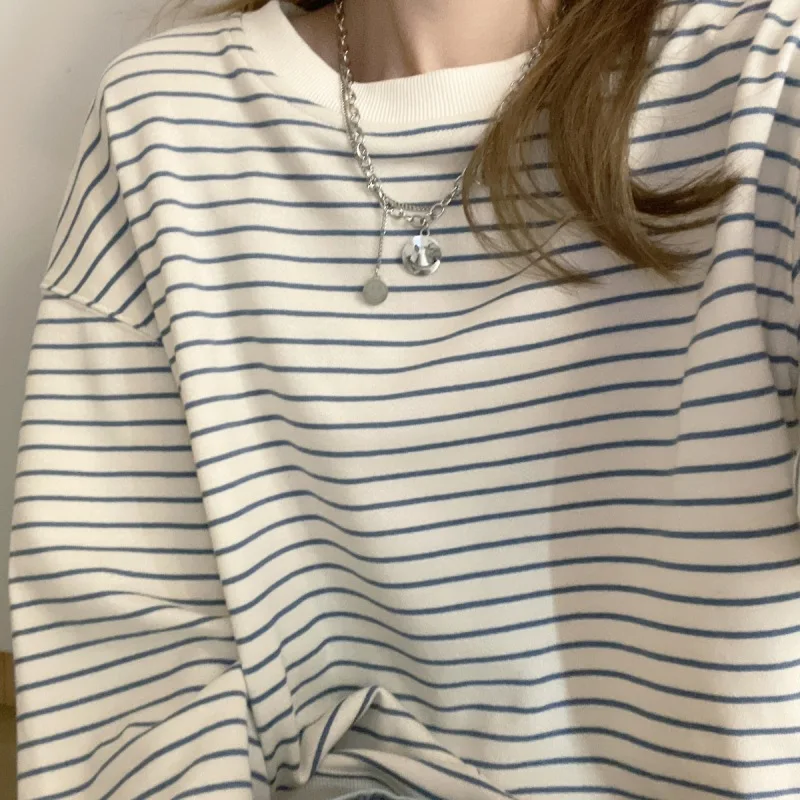 Damen Herbst Aprikosenfarben Gestreiftes Neues T-Shirt Mädchen Studenten Koreanischer Stil Locker Sitzendes Oberteil Sweatshirt Rundhals Pullover Langarm T-Shirt – Detail 8
