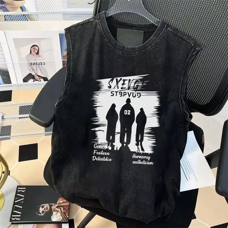 American High Street Fashion Loose Cotton Vest Men Women Sleeveless T-shirts Washed To Make Old Ins Personalized Trendy Wild Top