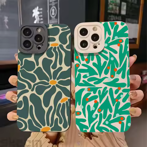 Green Floral Geometric Patchwork Phone Case For Samsung Galaxy S24 S23 S22 S25 Ultra S21 Plus S20 FE 5G A55 A54 A35 A15 Cover