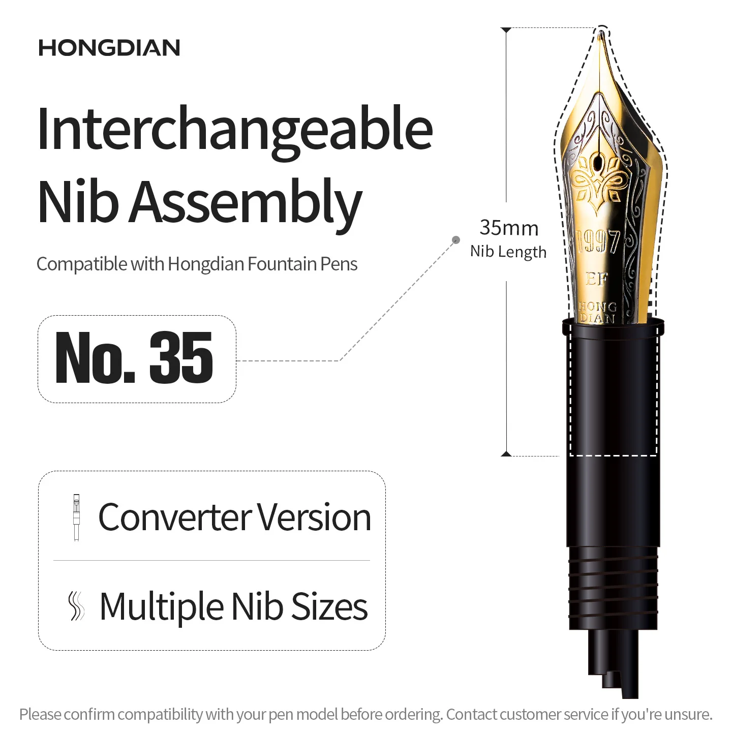 LT Hongdian No.35 Nib Assembly, Converter Version, Rotatable Detachable Standard Nib,3pcs/pack