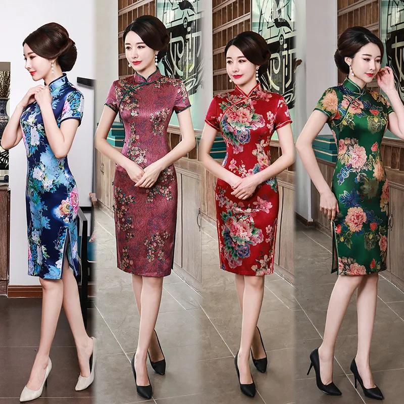

Spring Improved Cheongsam Printed Short Skirt Chinese Style Slim Fit Retro Daily Large Size Mom Clothes Banquet Costume