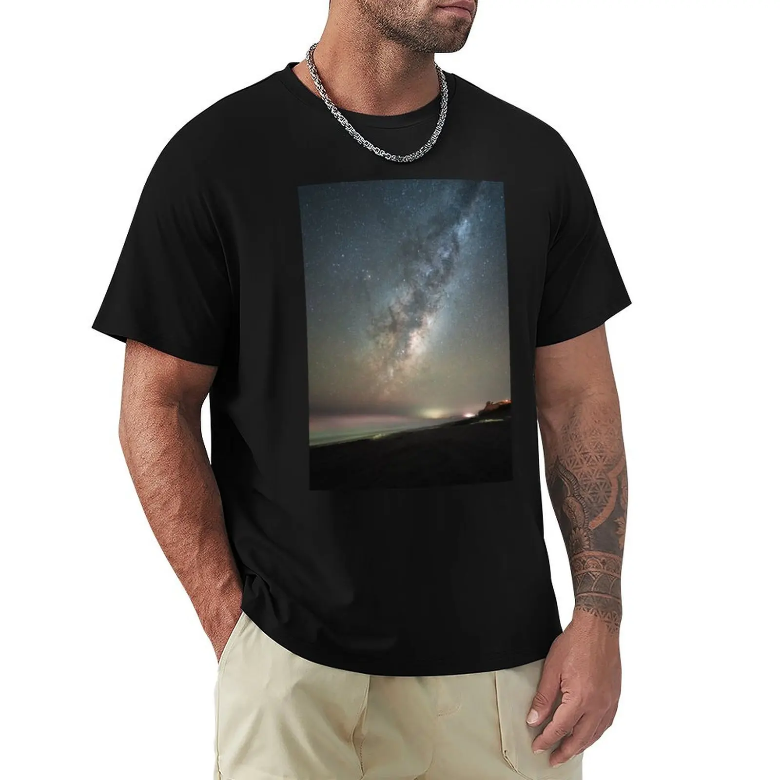 

Galaxy Milky Way Photograph of its Full Beaty From The Shore of New Zealand T-Shirt Outdoor Work Short Sleeve Top