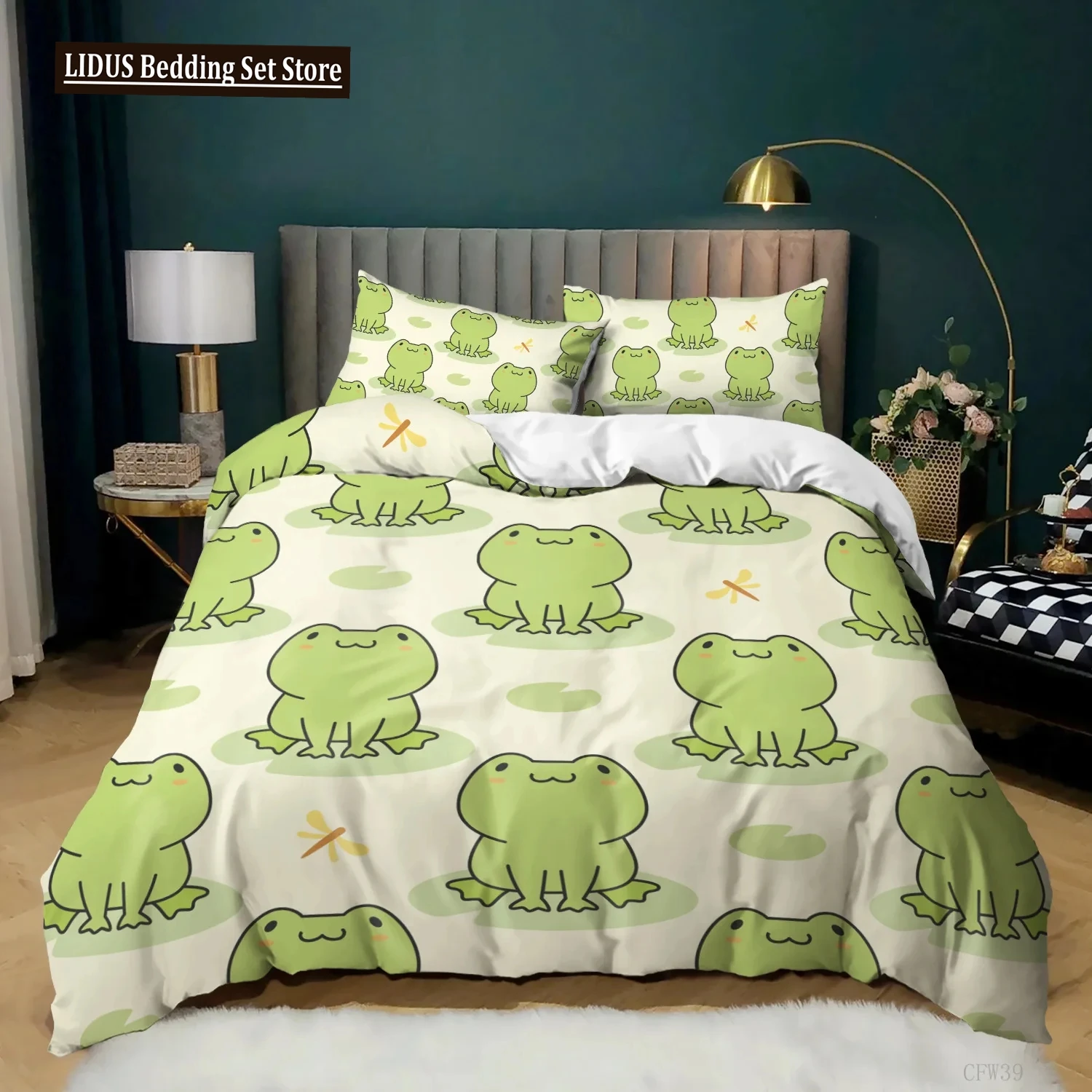 

Animal Frogs Duvet Cover Set King Queen Size Green Lovely Cartoon Frog Bedding Set Boys Toad 2/3pcs Polyester Comforter Cover