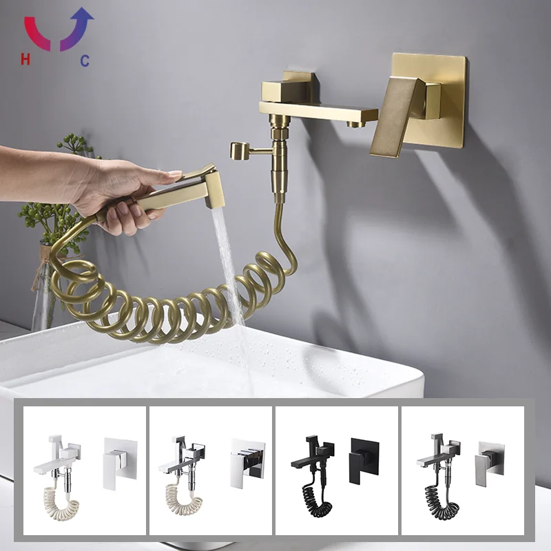 Bathroom Basin Sink Faucet Black Concealed Single Lever Hot And Cold Mixer Faucet With Hand Sprayer Wall Mounted Bath Faucet