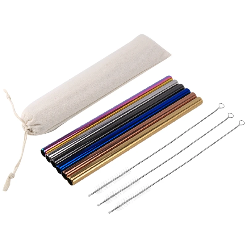 Reusable Colorful Stainless Steel Straws, Bubble Tea Straws, 6 Large Metal Straws, 3 Cleaning Brushes And 1 Storage Bag