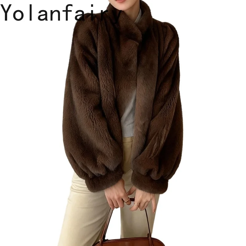 YOLANFAIRY معاطف فرو حقيقي من المينك بالكامل للنساء معطف شتوي بياقة ثابتة قصير معطف فرو طبيعي معاطف نسائية أنيقة ودافئة من الفرو