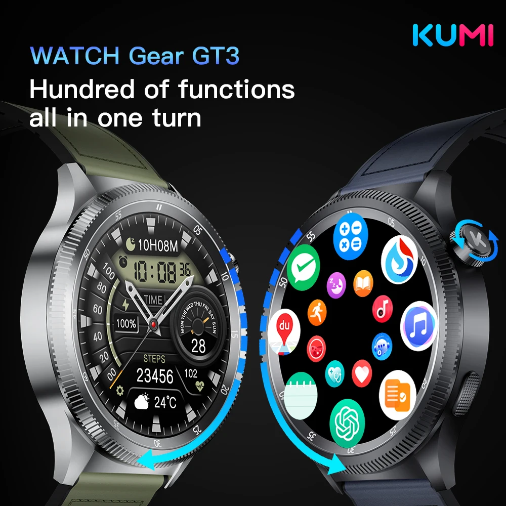 KUMI WATCH Gear GT3 Smartwatch with ChatGPT AI Voice Assistant, 1.43 AMOLED Display Rotating Crown Fitness Tracker Blood Oxygen