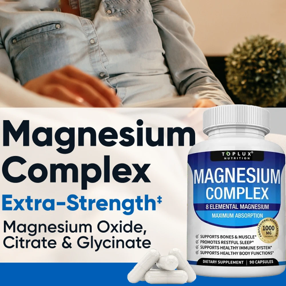 

Magnesium Complex Supplement 8 Elemental 1000mg - Magnesium Capsules for Bones, Muscle, Recovery, Energy, Vegan Non-GMO 90 Caps