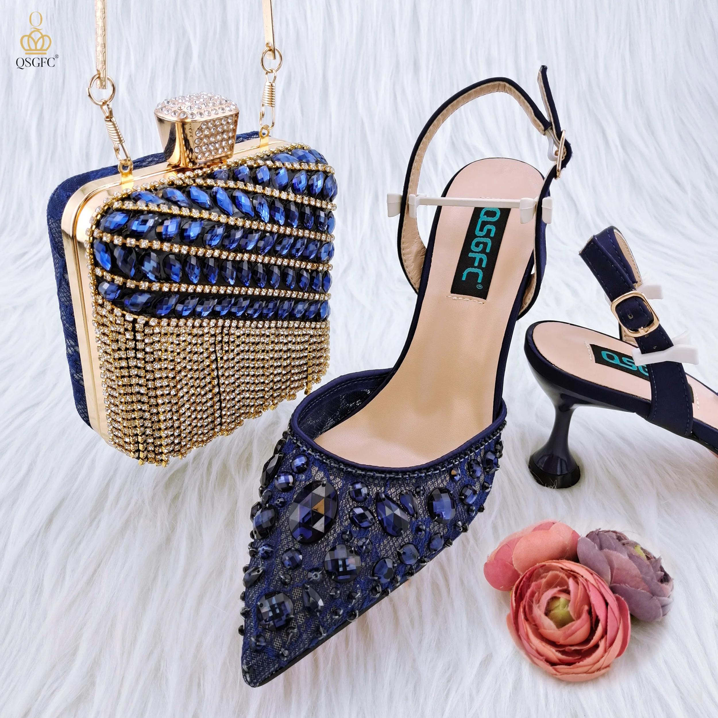 QSGFC Italian Design African Ladies Party Shoes and Bag Nigerian Fashion Lace Mini Bags and Mid Heel Pointed Shoes