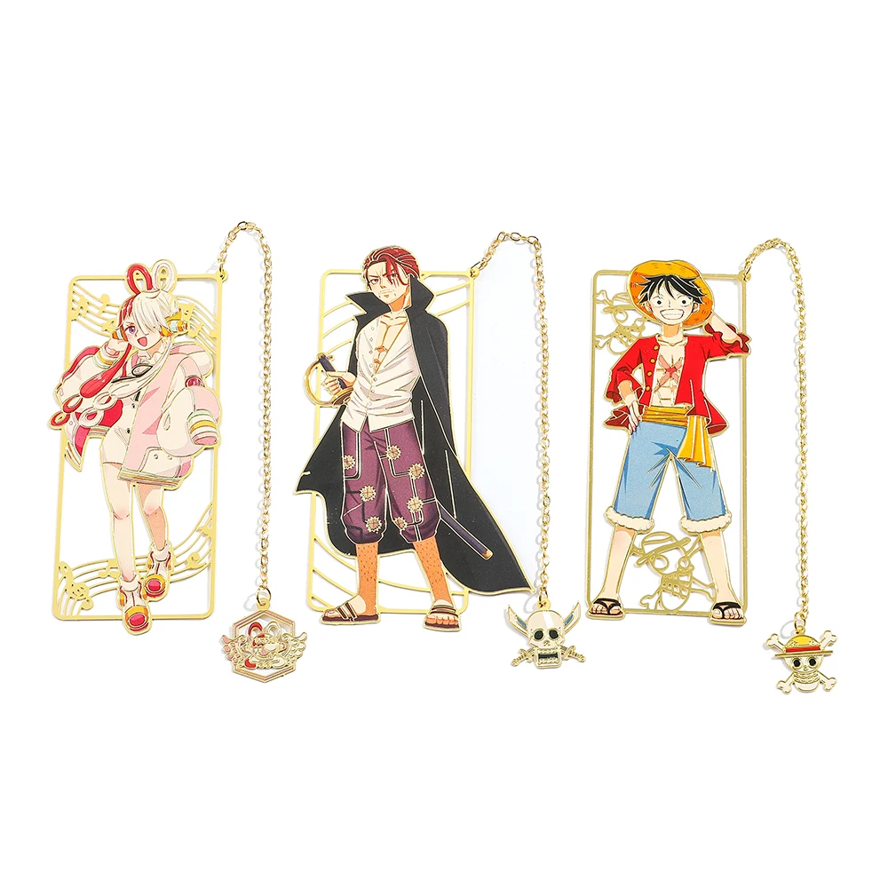 Anime One Piece Figure Metal Bookmarks with Tassel Luffy Uta Shanks Gold Color Book Marks Gifts for Fans Collection Supplies