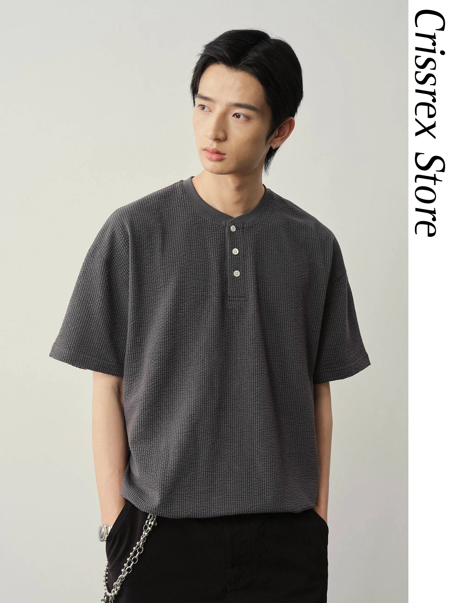 

Футболка Crissrex Store Vavu Bubble Texture Sensation Henry Collar с коротким рукавом, регулируемой завязкой, повседневная, свободного кроя, хлопковая