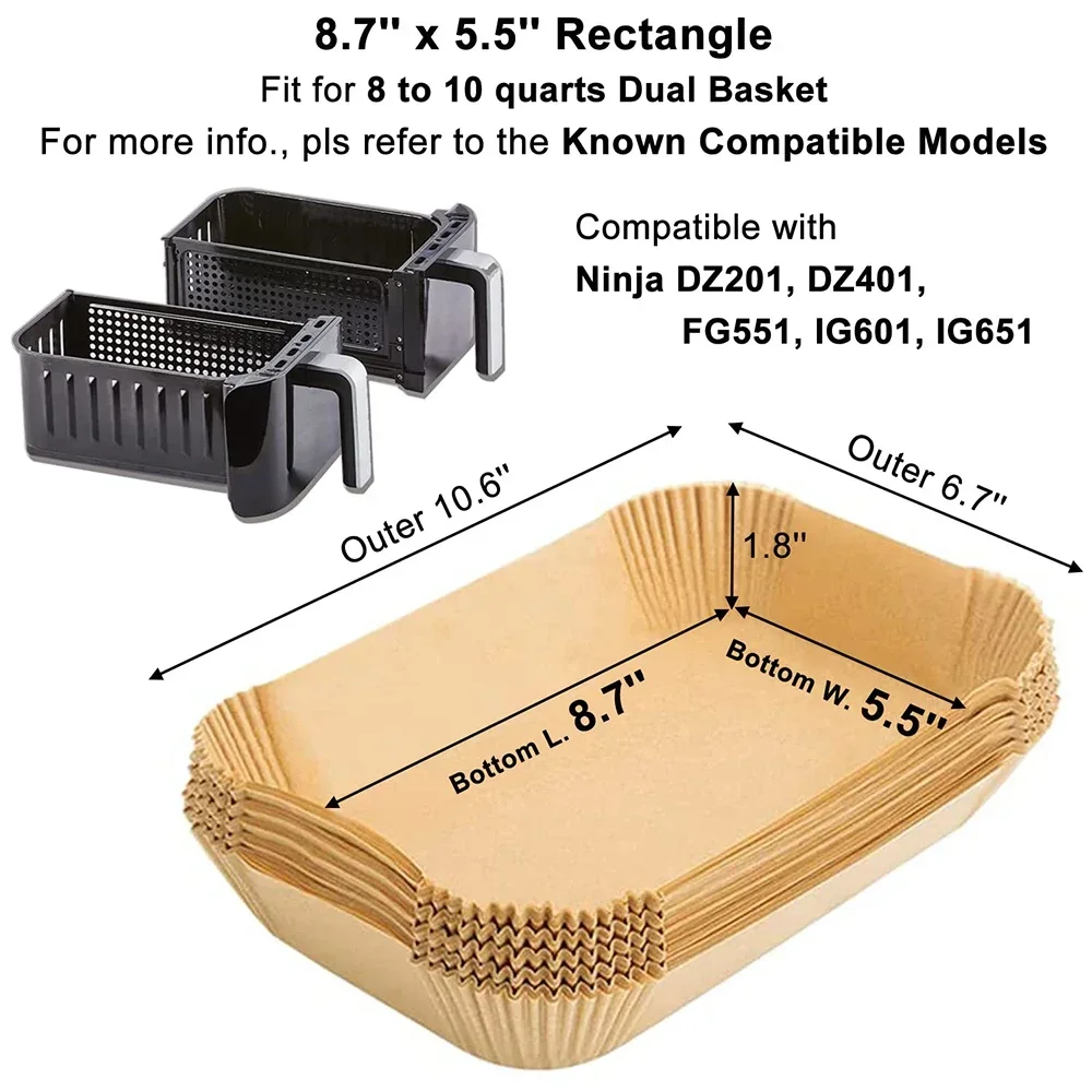 Air Fryer Liners Disposable Rectangular 8.7x5.5 Inch Airfryer Paper Liner Nonstick Parchment Paper for Ninja Foodi Dual Basket