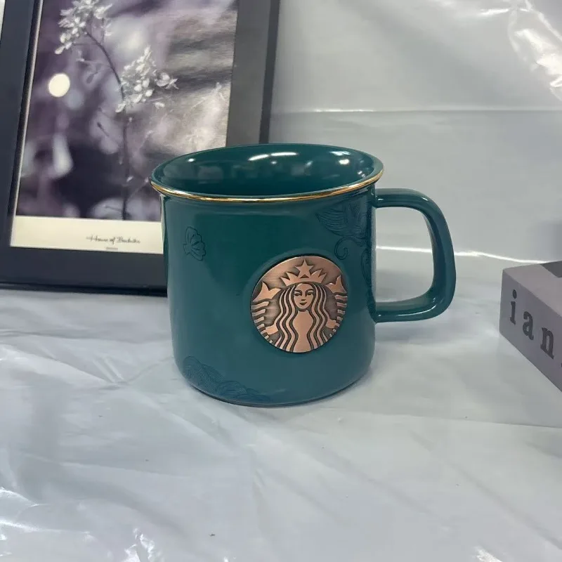 Caneca Elegante Teal Starbucks, 320ml, Copo de Cerâmica Brilhante com Emblema Siren em Ouro Rosa e Borda Dourada