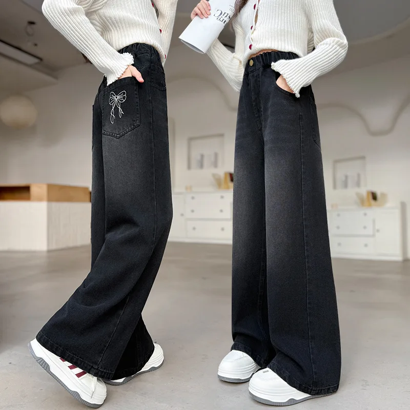 Spring Fall Kids Loose Straight Black Jeans with Bows Pocket for Teenage Girls Fashion Harajuku Y2K Denim Pants Child Trousers