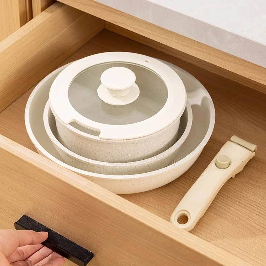 Detachable cookware set, non-stick frying pan, soup pot with detachable handle,maifan stone frying pan and milk pot.