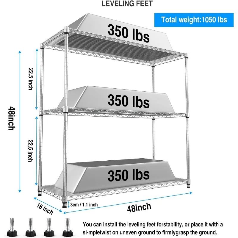 Pouseayar 3 ชั้น NSF Metal Shelving Grid Unit,ความจุ 1050 ปอนด์,Heavy Duty Adjustable Storage Rack พร้อมชั้นวาง