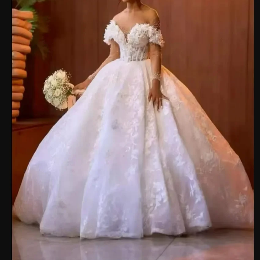 

Customized Off the Shoulder Princess 3D Lace Appliques Wedding Dresses Robe De Mariée Ballgown Long Sleeves Bridal Gowns