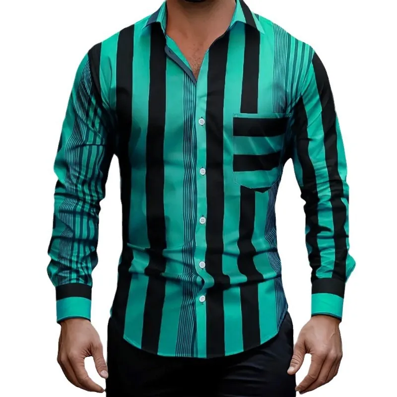 

2024 Europe and America Men's Long-sleeved Lapel Striped Shirt Loose Casual Shirt Men's Plus-size Shirt