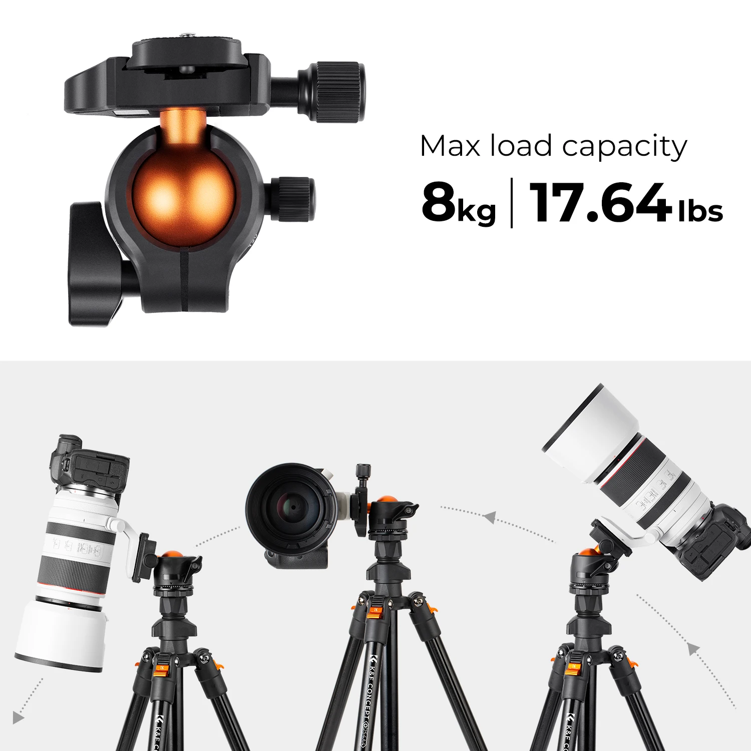 K&F Concept 64.96 Inch /1.65m Professional Camera Tripod O254A4 Net Weight 1.32KG BH-36 360° Ball Head Maximum Load 20KG/44lbs