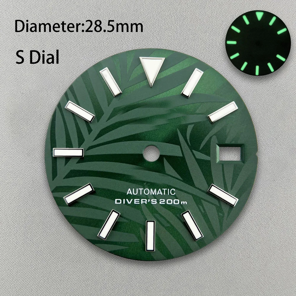 Esfera luminosa verde de hojas de bambú con logotipo S de 28,5mm, adecuada para NH35/NH36/4R/7S, accesorios de modificación de reloj de movimiento